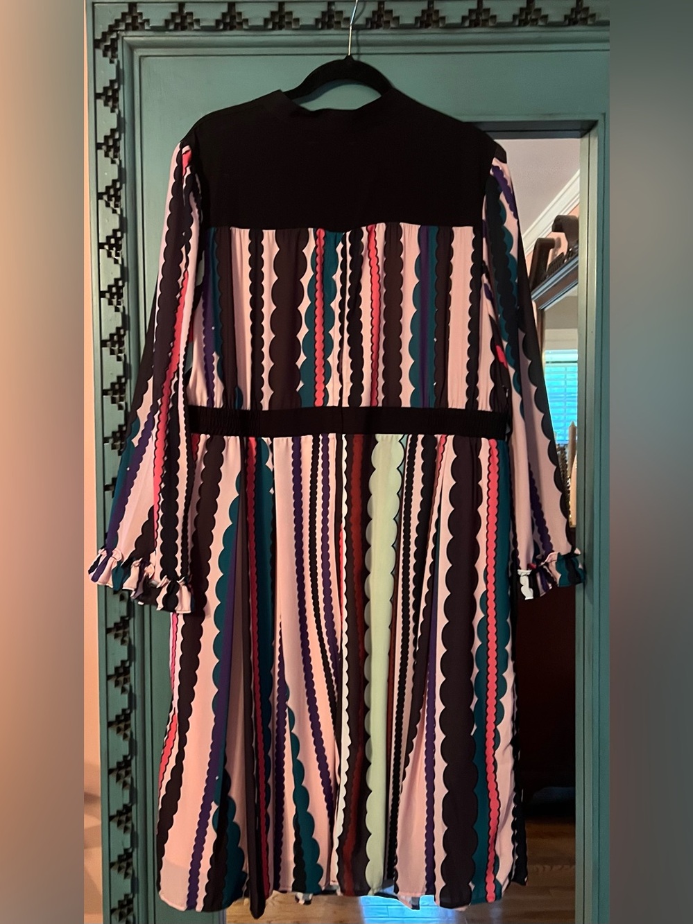 Eloquii Multicolor Scallop-Stripe Long Sleeve Dress - Black, Pink, Teal, Cream - Picture 7 of 7